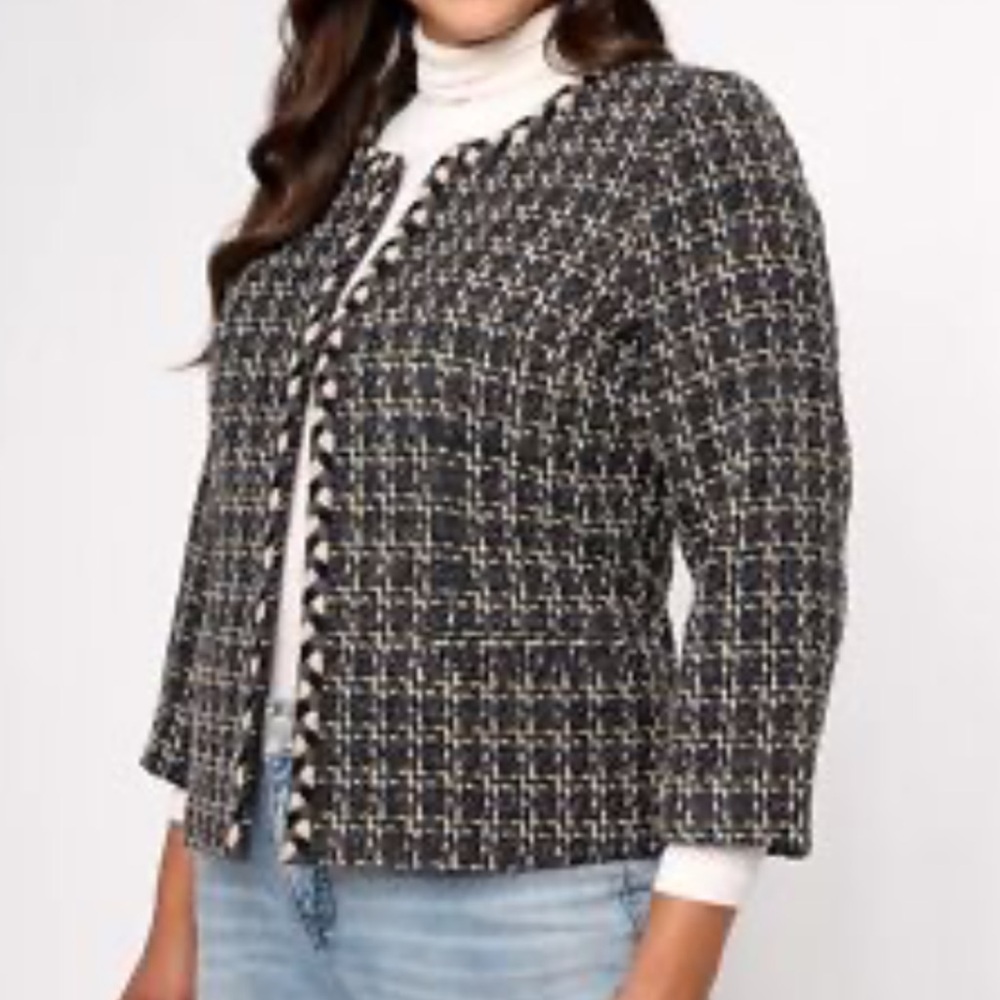 Isaac Mizrahi Black and White Tweed Blazer 82% Polyester 7% Rayon 6% Cotton